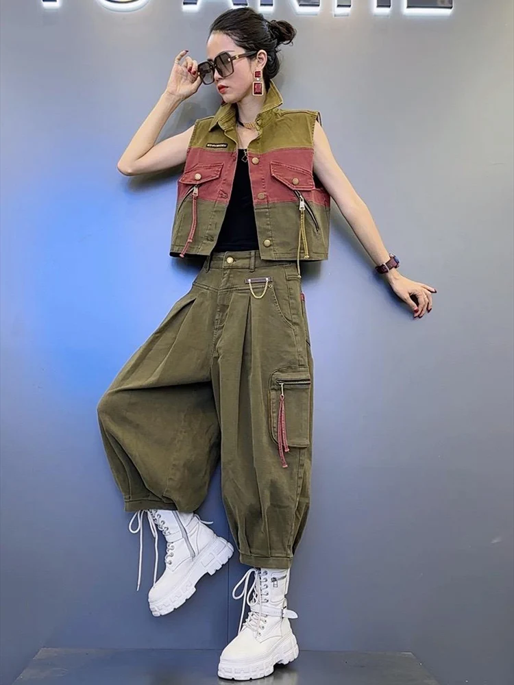 

Personalized Fashion Pant Set Women Color Contrast Vintage Denim Vest + Pants Two-piece Set Spring