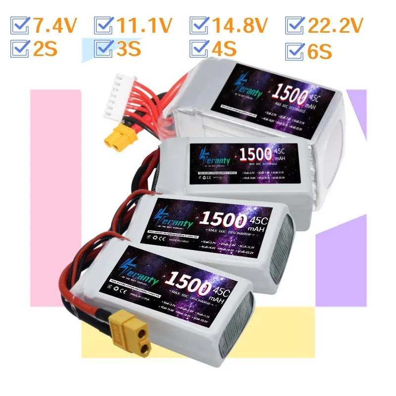 2S 3S 4S 6S 1500MAH 45C Lipo Battery For FPV Crossover/Racing Drone Entry Level 3D Stunt Machine Flat Sports Off-road Car 1PCS