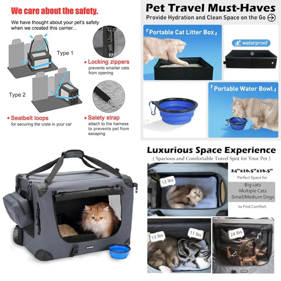 

Large Cat Carrier 24"x16.5"x16.5" Soft-Sided Portable Pet Crate for Car Traveling with Collapsible Litter Box and Bowl