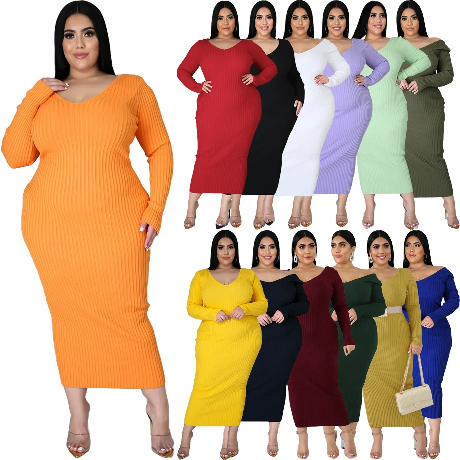 Plus Size Solid Color Long Sleeve Rib Pit Knit Cotton Mid-Calf Dress Women\'s Bottoming Long Dress Sexy Party Club Dresses