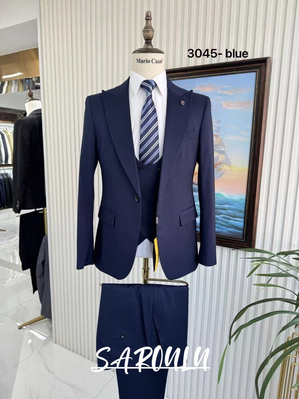 

Elegant Men's Wedding Suit Blue 3 Pieces Slim Fit Groomsmen Blazer Vest Pants Formal Outfit Tuxedo Premium Man Set One Button