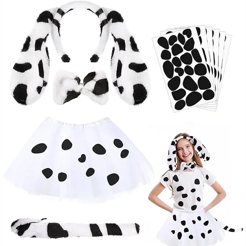 Cartoon Cute Dalmatian Ears Headband Tulle Tutu Skirt Bow Tie Tail Set Carnival Party Cosplay Animal Performance Props