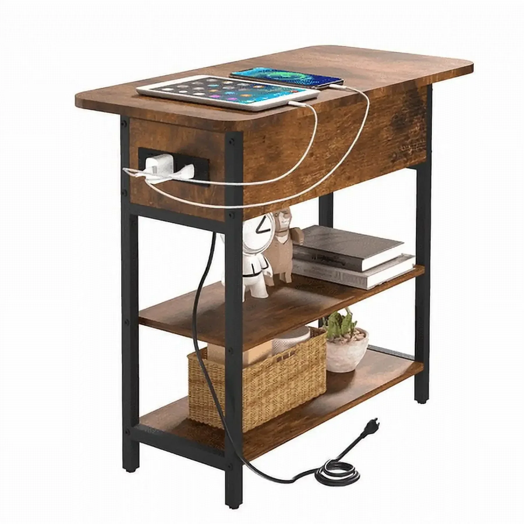 End Table with Charging Station, Flip Top Side Table with USB Ports and Outlets, Nightstand Bedside Table  Living Room Bedroom