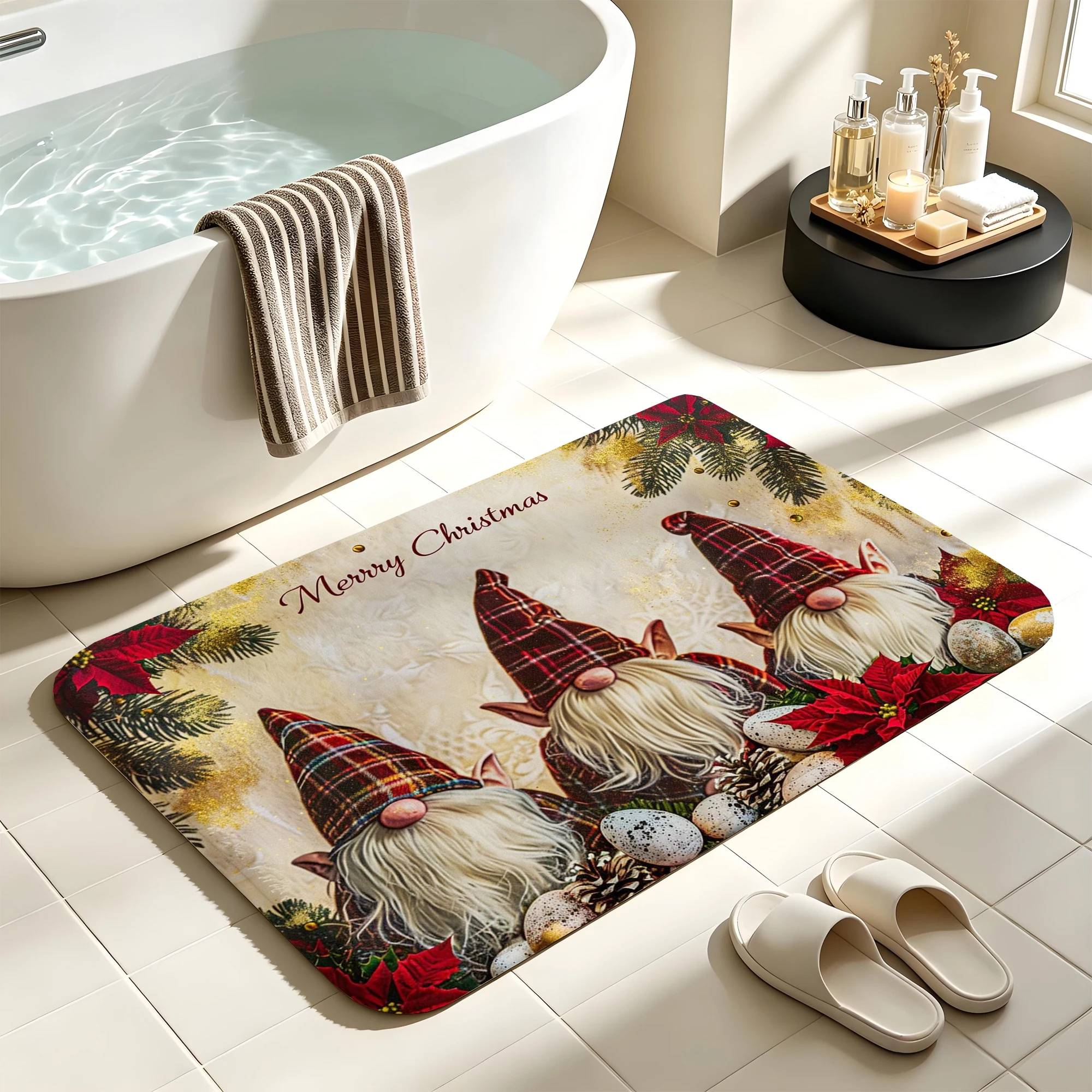 Plaid Gnome Poinsettia Pine Cone Print Plush Absorbent Sponge Mat,Bathroom Non‑Slip Mat & Decorative Door Mat