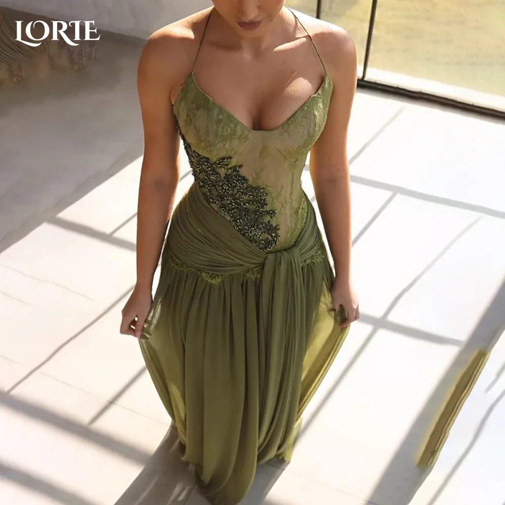 

LORIE Modest Crepe Evening Dresses Elegant Halter Pleats Corset Mermaid Arabia Prom Gown Shiny A-Line LongParty Dress Customized