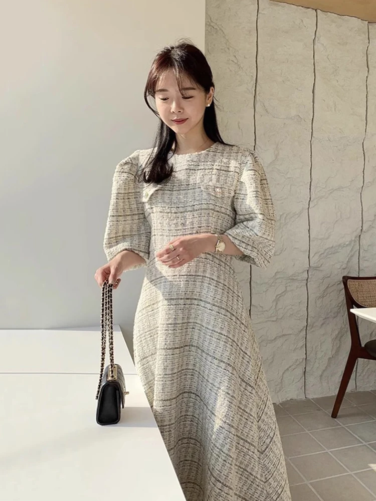 

Chic Autumnal High Waist Long Dr with Bubble Sves And Knitted Color Blo round Ne for Women Korean Sle Commute