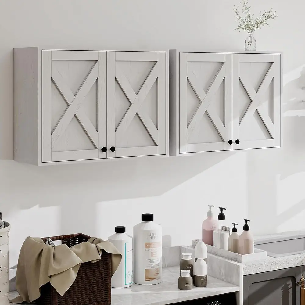 

White Wall-Mounted Storage Cabinet Set with 2 Pieces, 24 Shelves Over Toilet for Laundry and Bathroom Essentials
