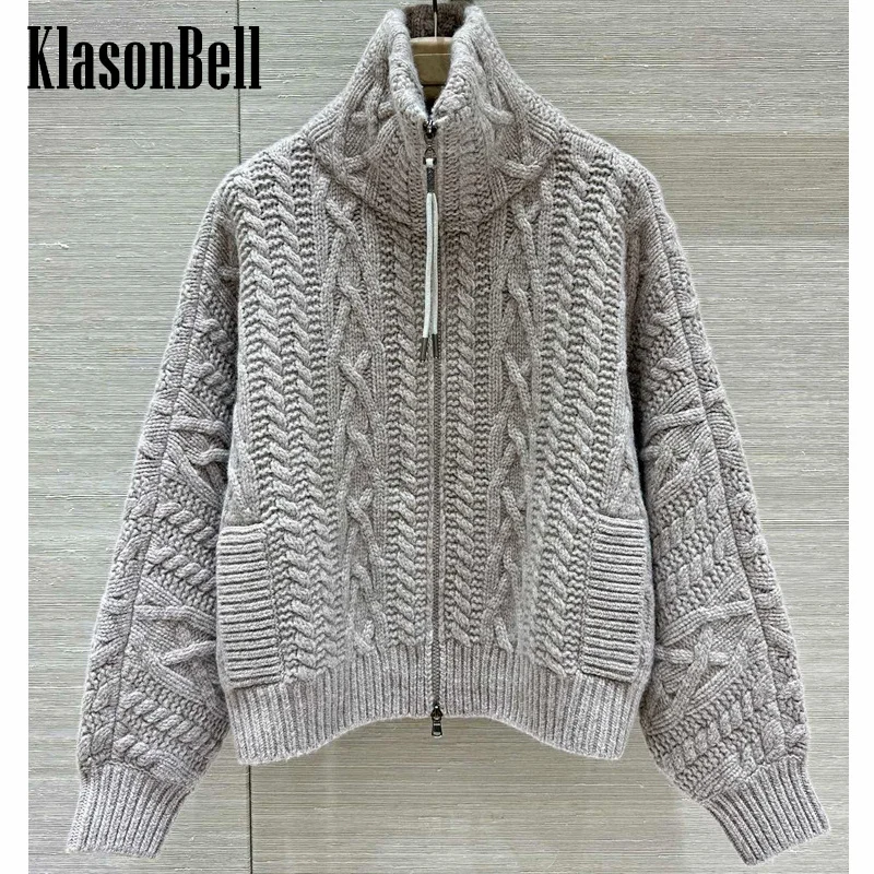 9.25 KlasonBell Women\'s Bead Chain Lace-up Zipper Classic Cashmere Knit Thick Cardigan Twist Turn-down Collar Loose Coat