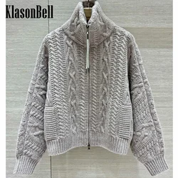 9.25 KlasonBell Women's Bead Chain Lace-up Zipper Classic Cashmere Knit Thick Cardigan Twist Turn-down Collar Loose Coat