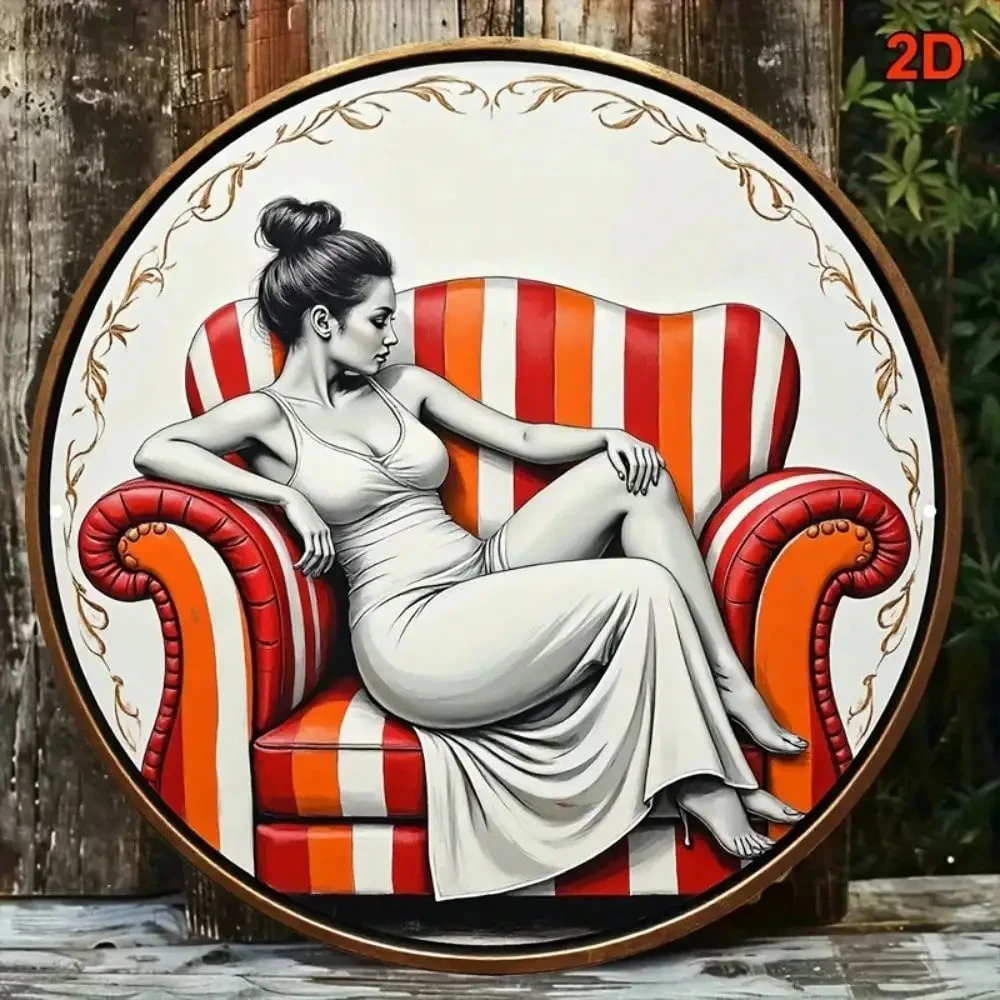 2D Flat Hd Metal Wall Art Vintage Medieval Modern Style Elegant Woman Wearing a Flowing Slip Dress Lying Languidly on a Red-Orange Background S