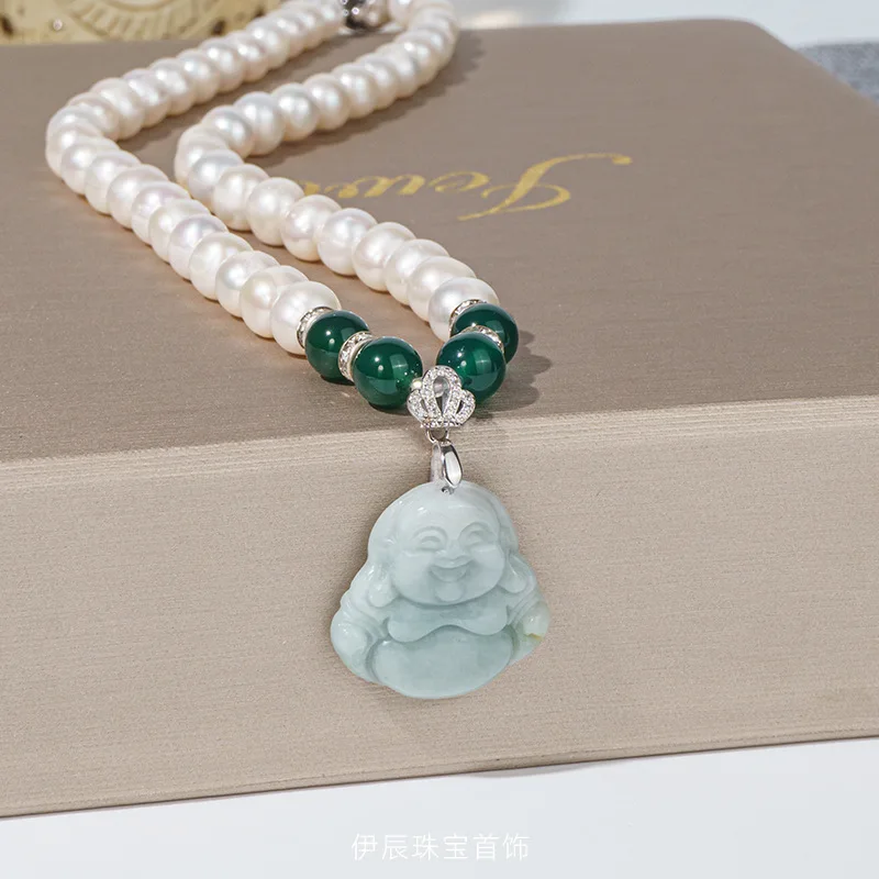 Natural Freshwater Seedless Pearl Necklace Jade Maitreya Buddha Pendant