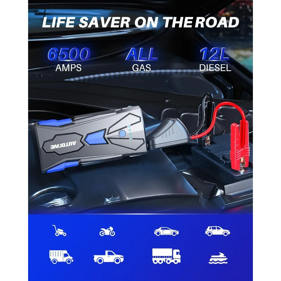 6500A Car Battery Jump Starter Portable 12V Jump Box with USB Output and LED Light for All Gas and 12L Diesel Engine Ve