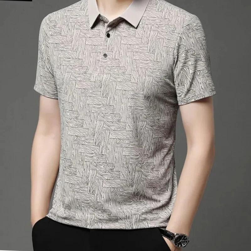 Fashion Luxury Summer Ice Silk Fabric Men New Lapel Button Jacquard Weave Smart Casual Office Social Short Sleeve Polo Shirt Top