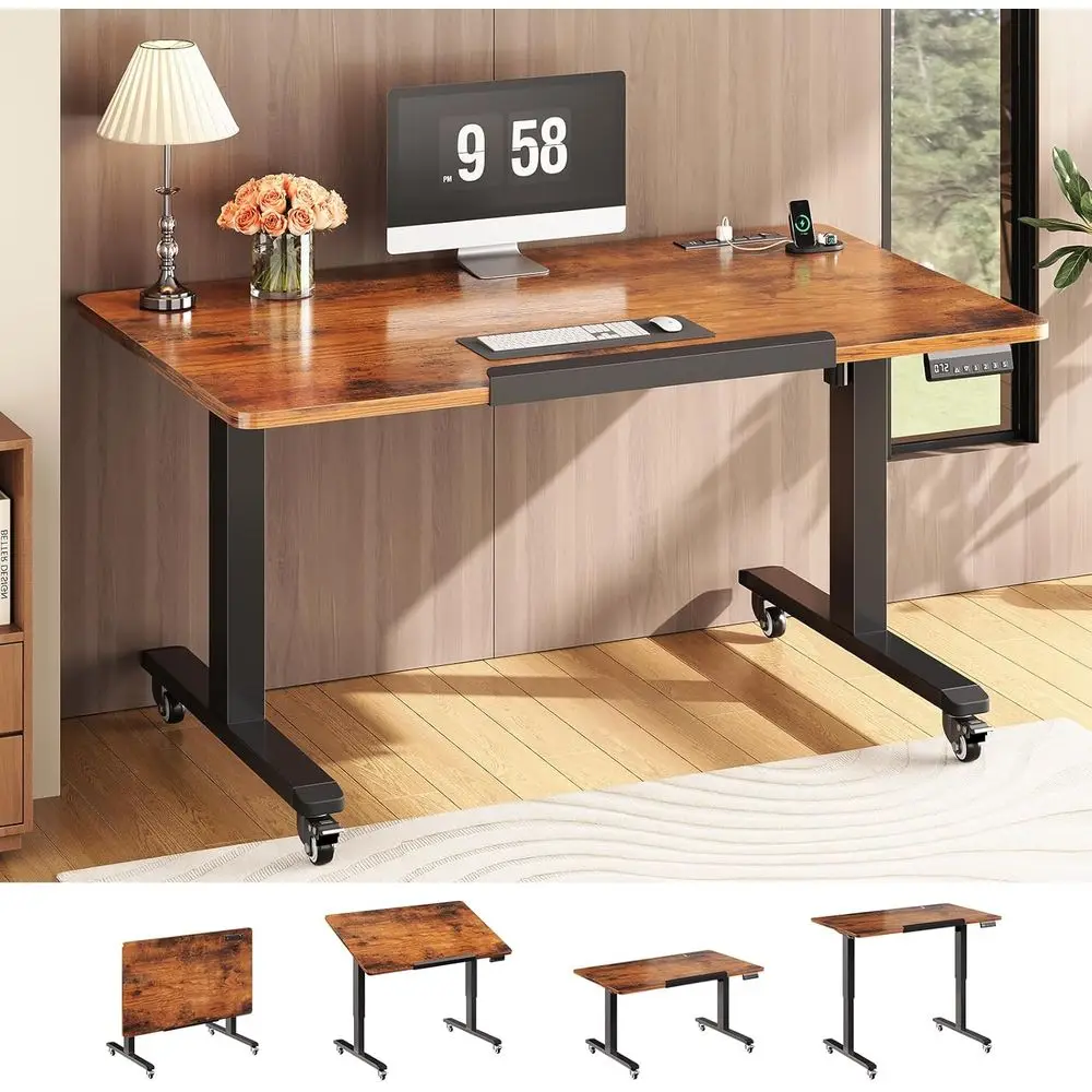 Rustic Brown 47x24 Inch Electric Standing Desk 180° Tiltable Height Adjustable Mobile Desk With Wheels For Study Gaming Home Office