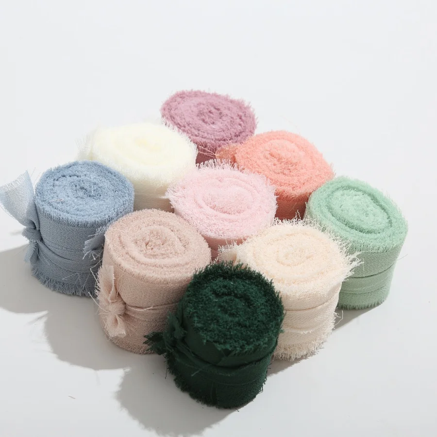 9 Rollen/Set ausgefranstes Satin-handgemachtes Chiffon-Seidenband für Hochzeitseinladung, Blumensträuße, Geburtstagsfeier, DIY-Dekoration, Geschenk – Detail 3