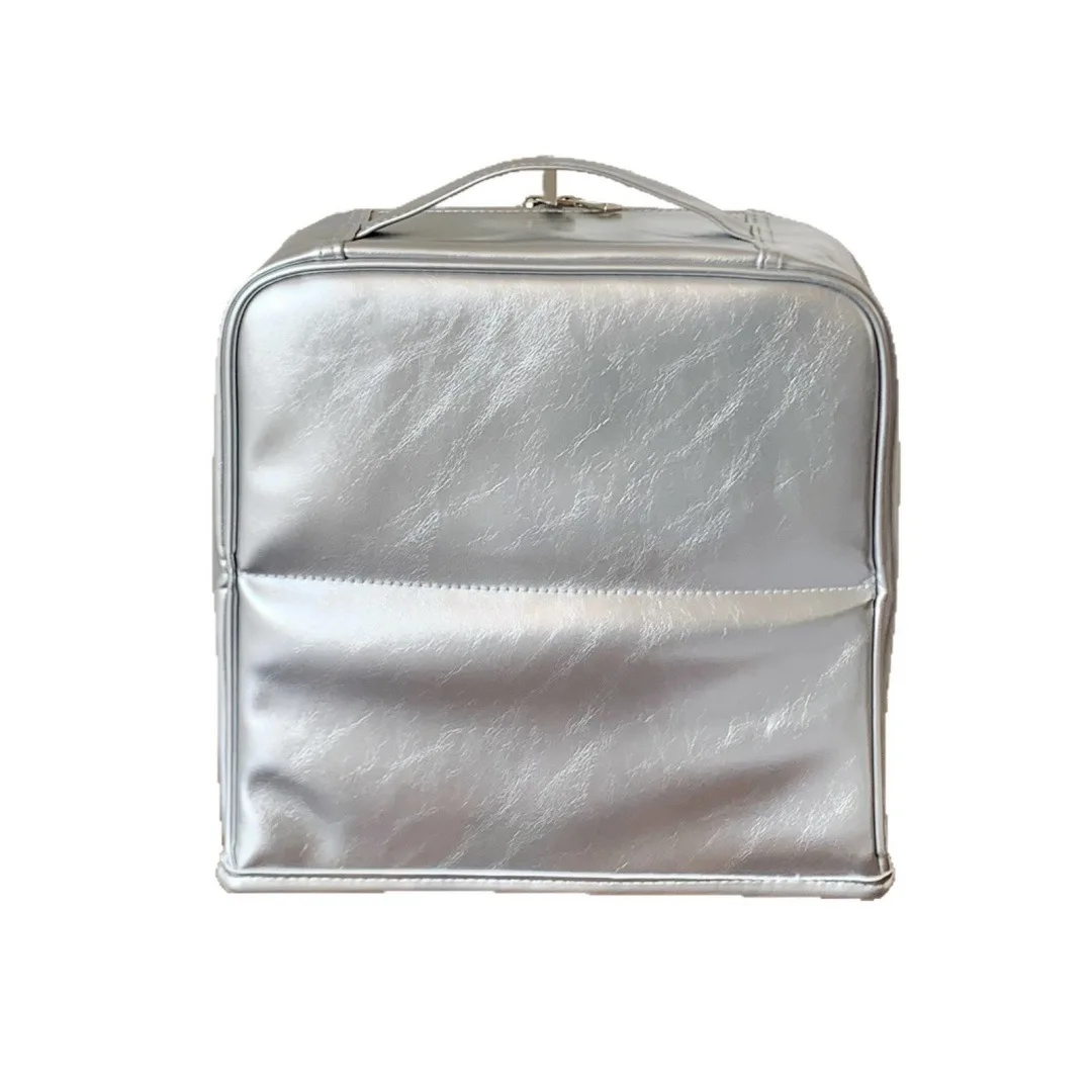 Premium Silver PU Upright Makeup Bag Large‑Capacity with Mirror & Divided Compartments Portable Waterproof Cosmetic Storage Orga