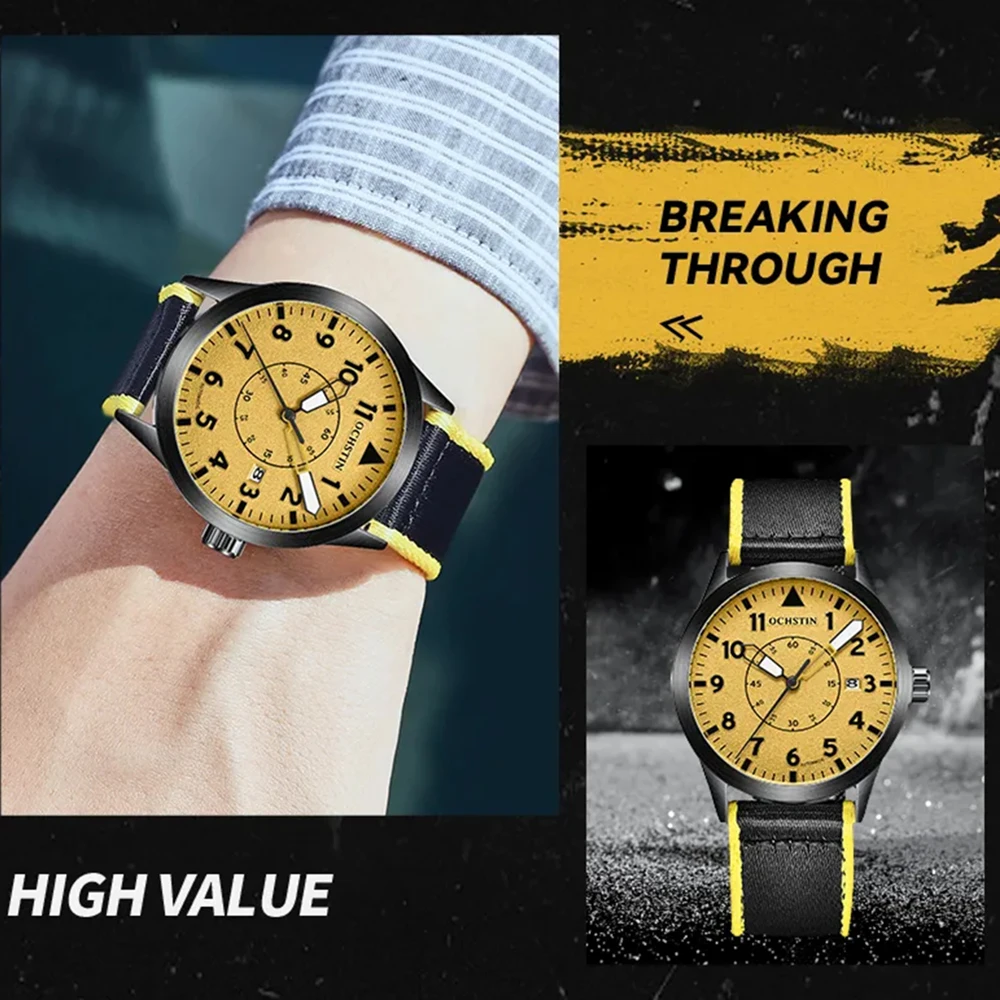 BOLYTE New Fashion Business Automatic Mechanical Watch Mens Time Master Nylon Strap Yellow Dial Calendar Date Clock Montre Homme