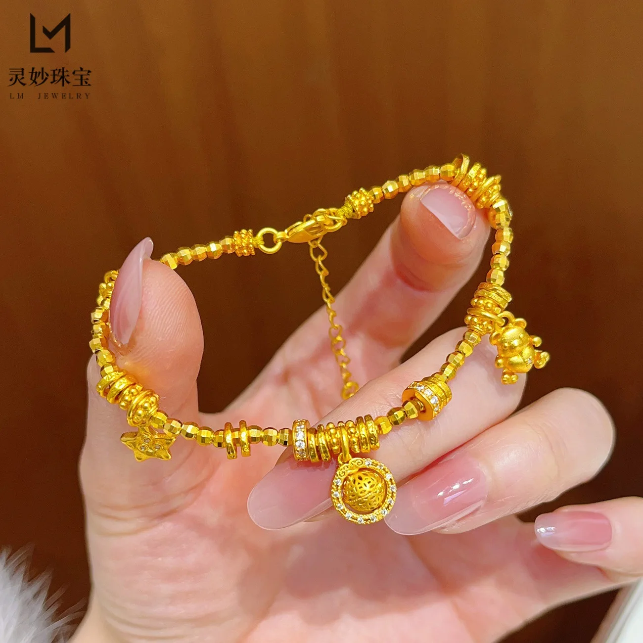 

Gold Shop Same Style 9999 24K Real Gold Women's Gold Bracelet Gold Hollow Love Girlfriend Gift Beautiful Jewelry