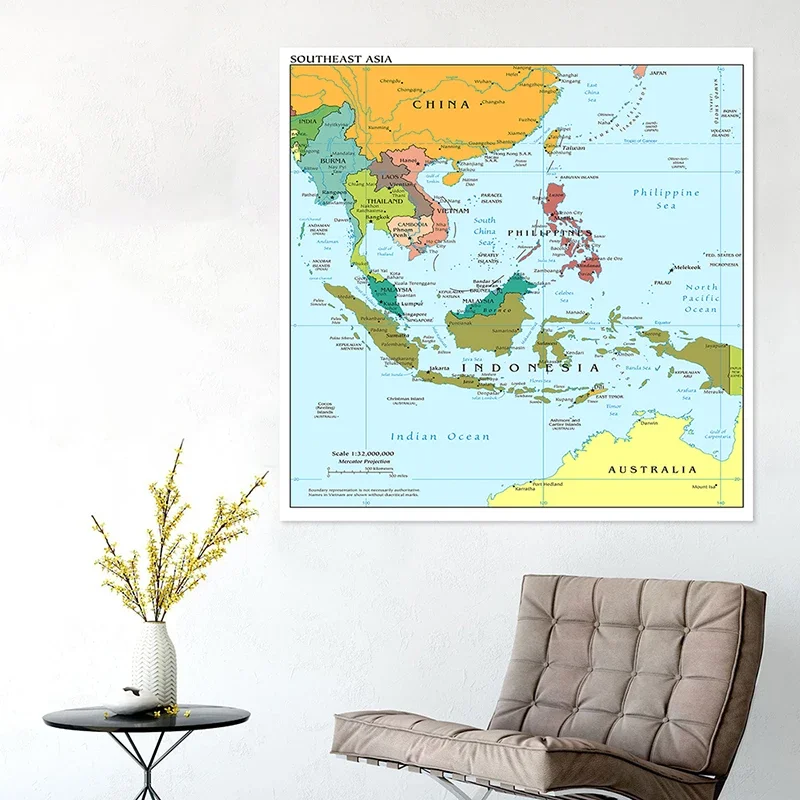 The Southeast Asia Map in English Canvas Painting Wall Art Poster and Print Decorative Hanging Picture Home Decoration 150*150cm