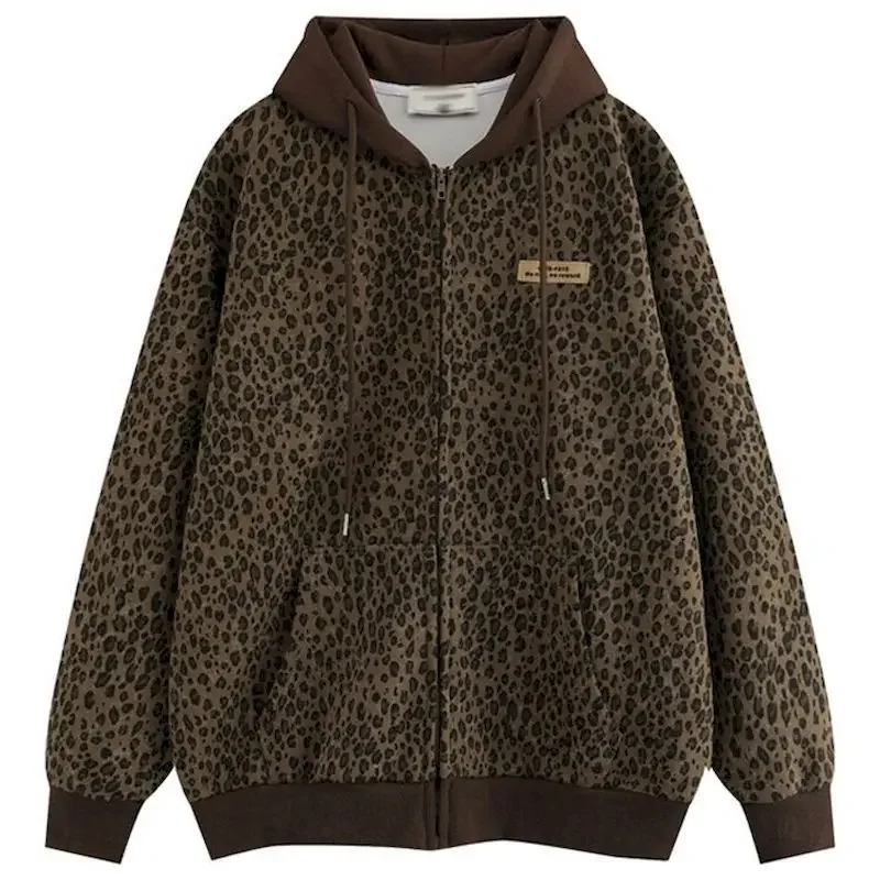 Leopard Hoodies Women Thicken Hooded Zip Up Jacket Fashion Design Plush Vintage Hoodie Spring 2024 New in Korean Hooded Coat Y2k