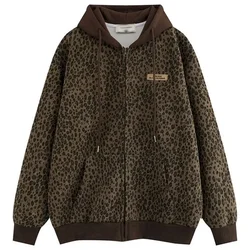 Leopard Hoodies Women Thicken Hooded Zip Up Jacket Fashion Design Plush Vintage Hoodie Spring 2025 New In Korean Hooded Coat Y2k