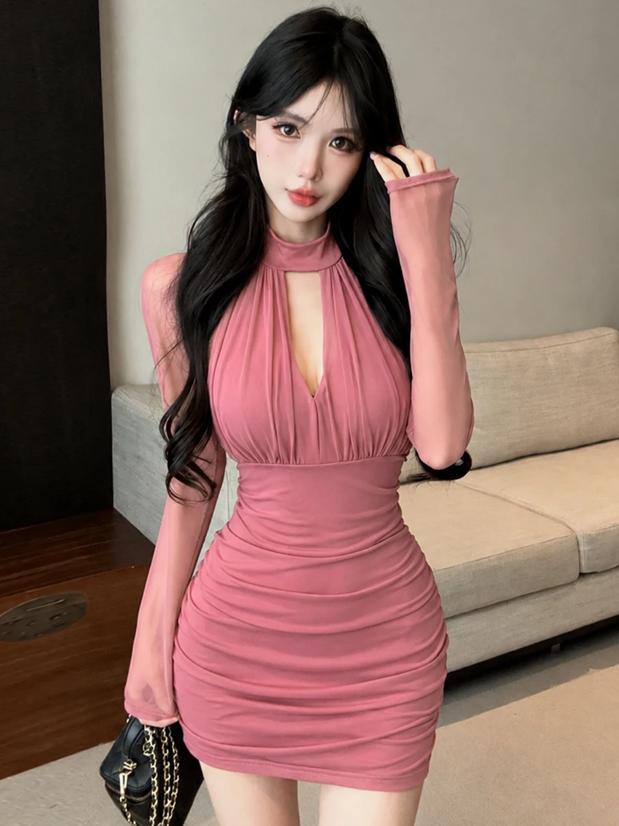 Sexy Elegant Deep V Neck Long Sleeve Bodycon Dress Hollow out Back High Waist Polyester Mesh Fabric Slimming Fit Tummy Control