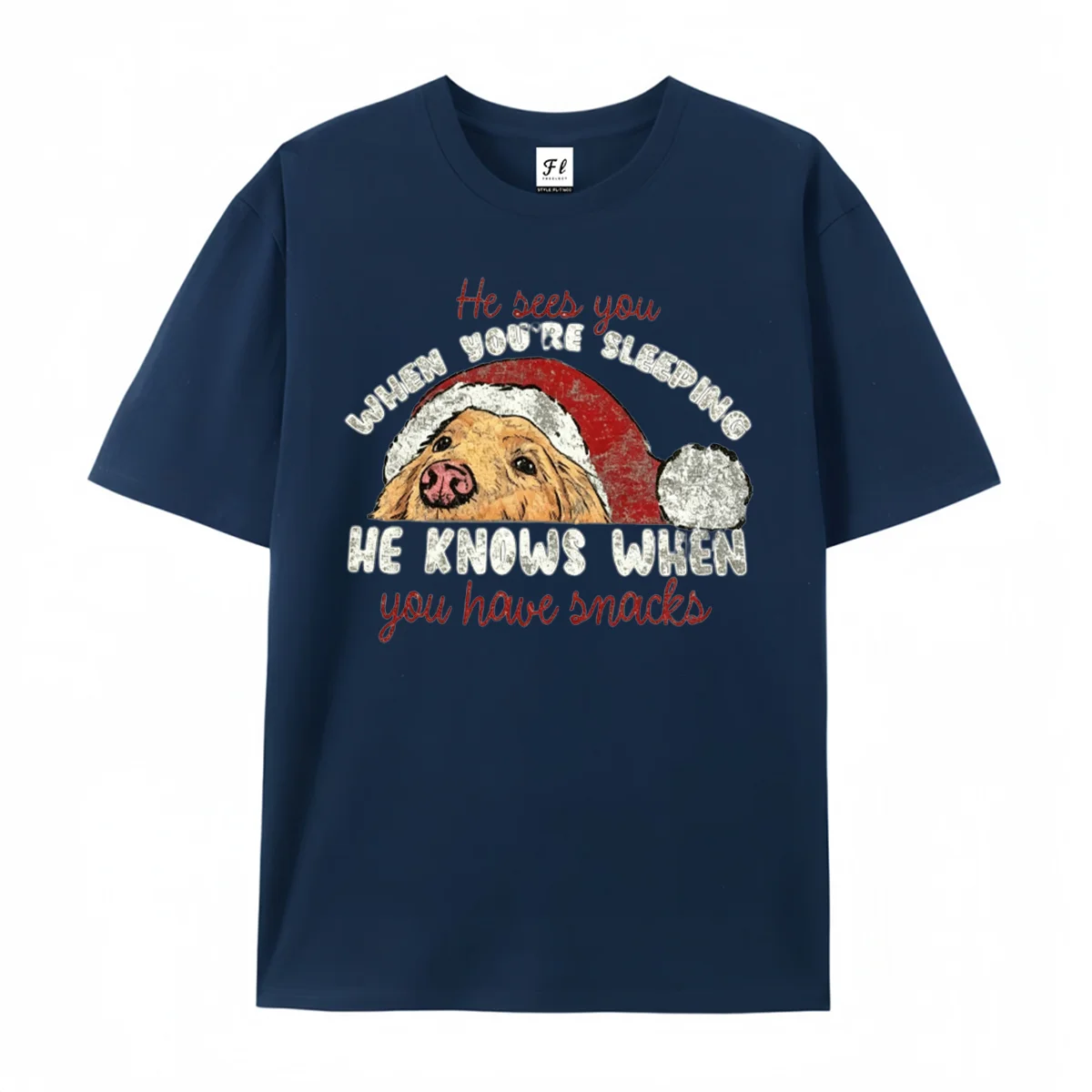 Christmas Golden Retriever Dog Santa Hat Graphic T‑Shirt He Sees You When You Are Sleeping Funny Pet Lover Xmas Short Sleeve Top