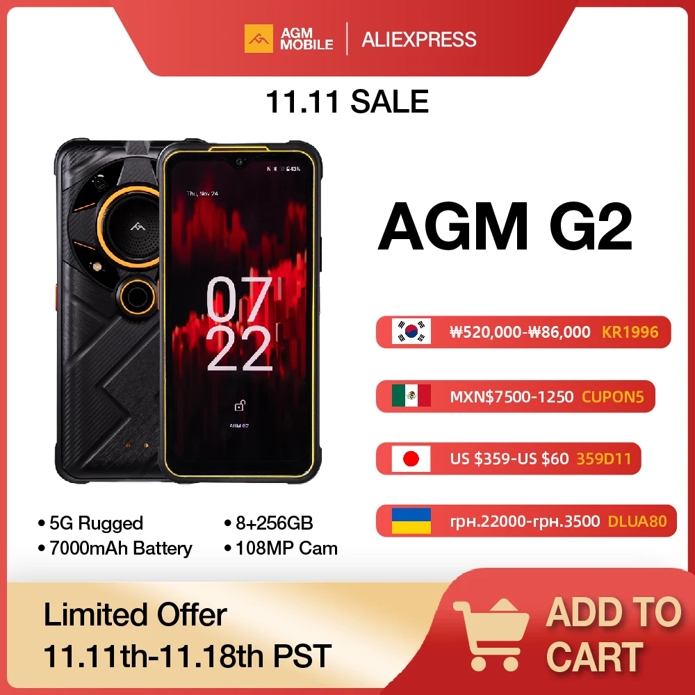 

AGM G2 5G Rugged Smartphone: 8+256GB 108MP Camera 20MP Night Vision 120Hz FHD+ Display IP68/IP69K Waterproof 7000mAh Battery