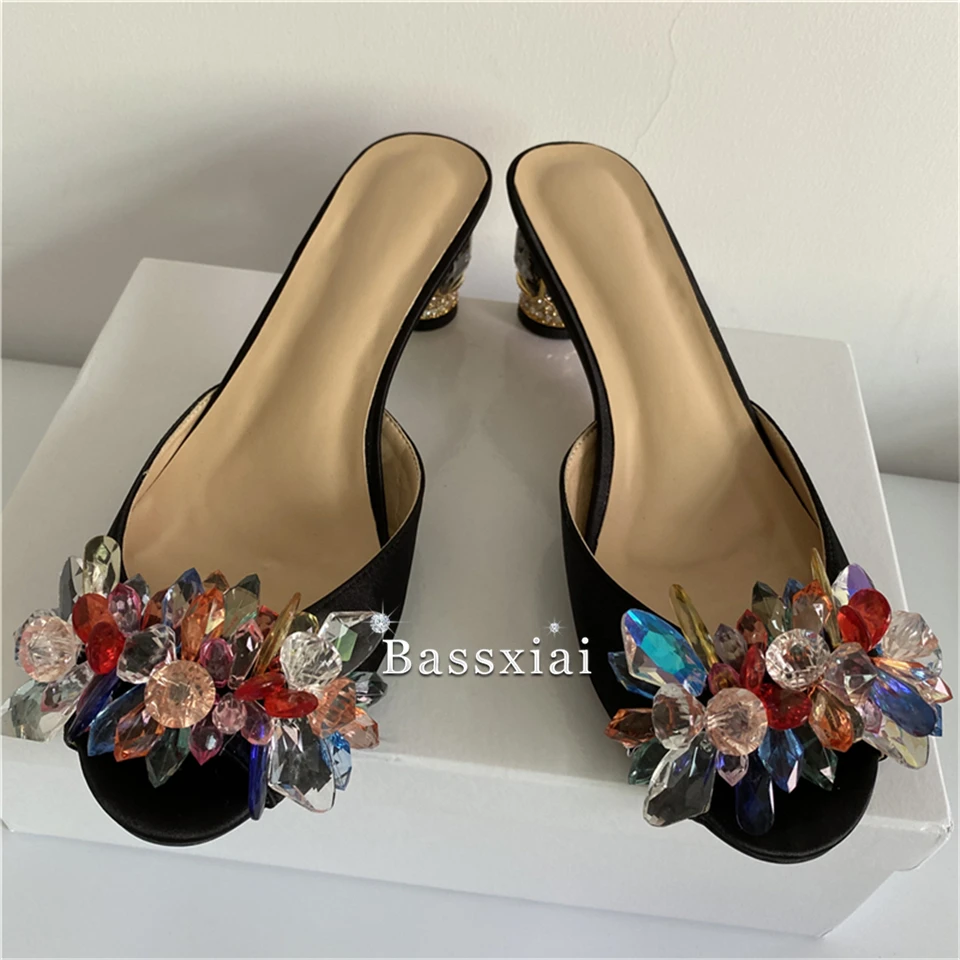 Crystal Beads Flower Decor Party Shoes Woman 6cm Diamond Heels Sexy Open Toe Black Satin Slingbacks Sandals Women Summer