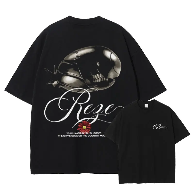 Anime Manga Reze T Shirt Vintage Washed Chainsaw Demon Tops Tees Anime Harajuku DTG Print Short Sleeve Oversized T-shirt Cotton