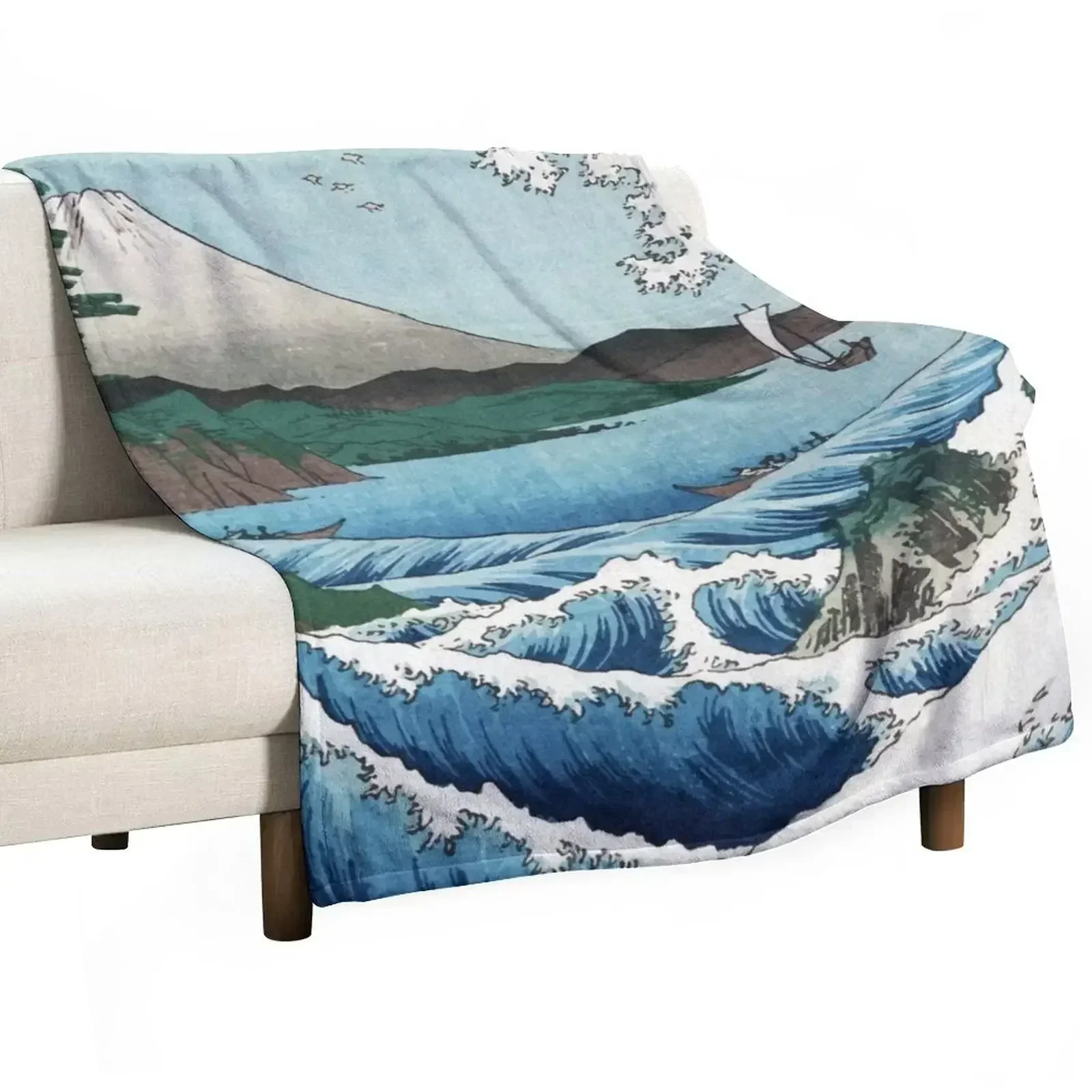 Hiroshige the Sea off Satta Japan with volcano, crashing waves and fishermen by Japanese ukiyo-e artist nature vin Throw Blanket