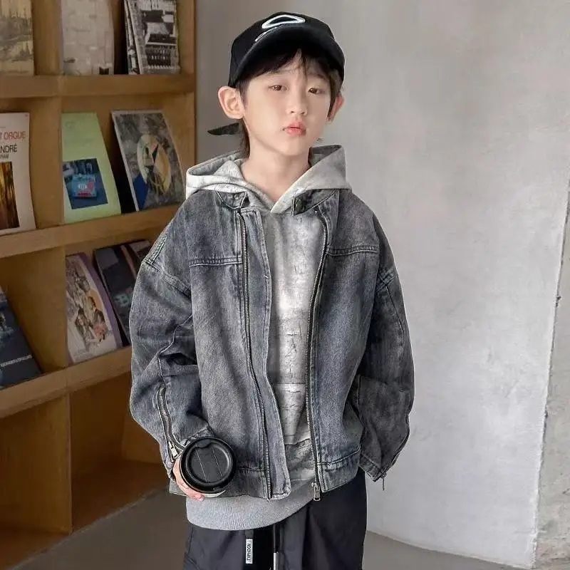 Boys Coat Autumn 2026 New Korean Fashion Casual Streetwear Cool Distressed Zipper Long Sleeve Denim Jacket Spring Coat