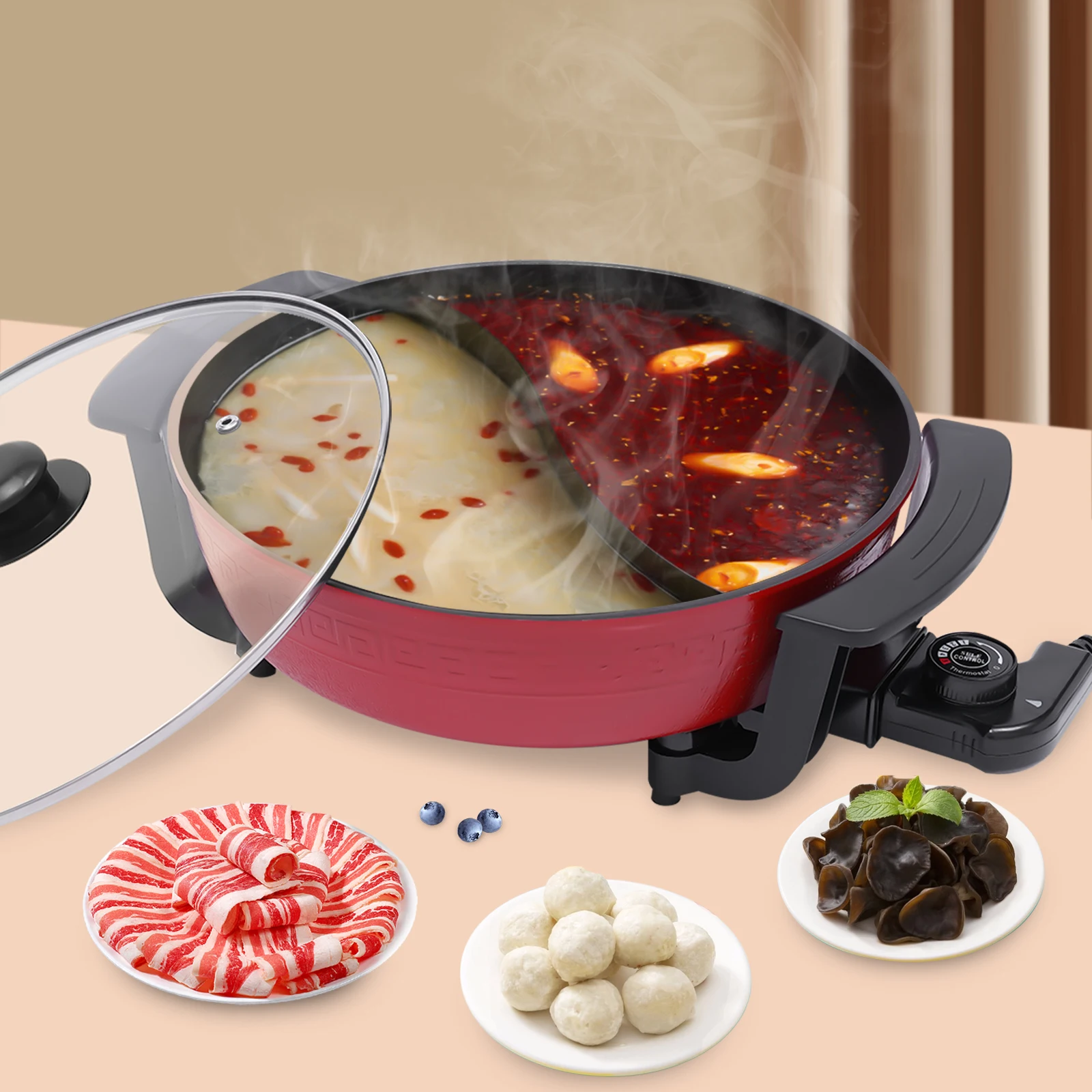 6L Large Electric Hotpot Pot Nonstick Electric Cooker Shabu Shabu with Divider Glass Lid 1360W 5 Adjustable Temperature Level