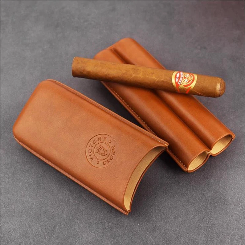 

Cigar Travel Case Leather 2 Tubes Portable Cigars Holder w Sharp Cutter Carrying Humidor Smoking Accessories Gift for Boyfriend