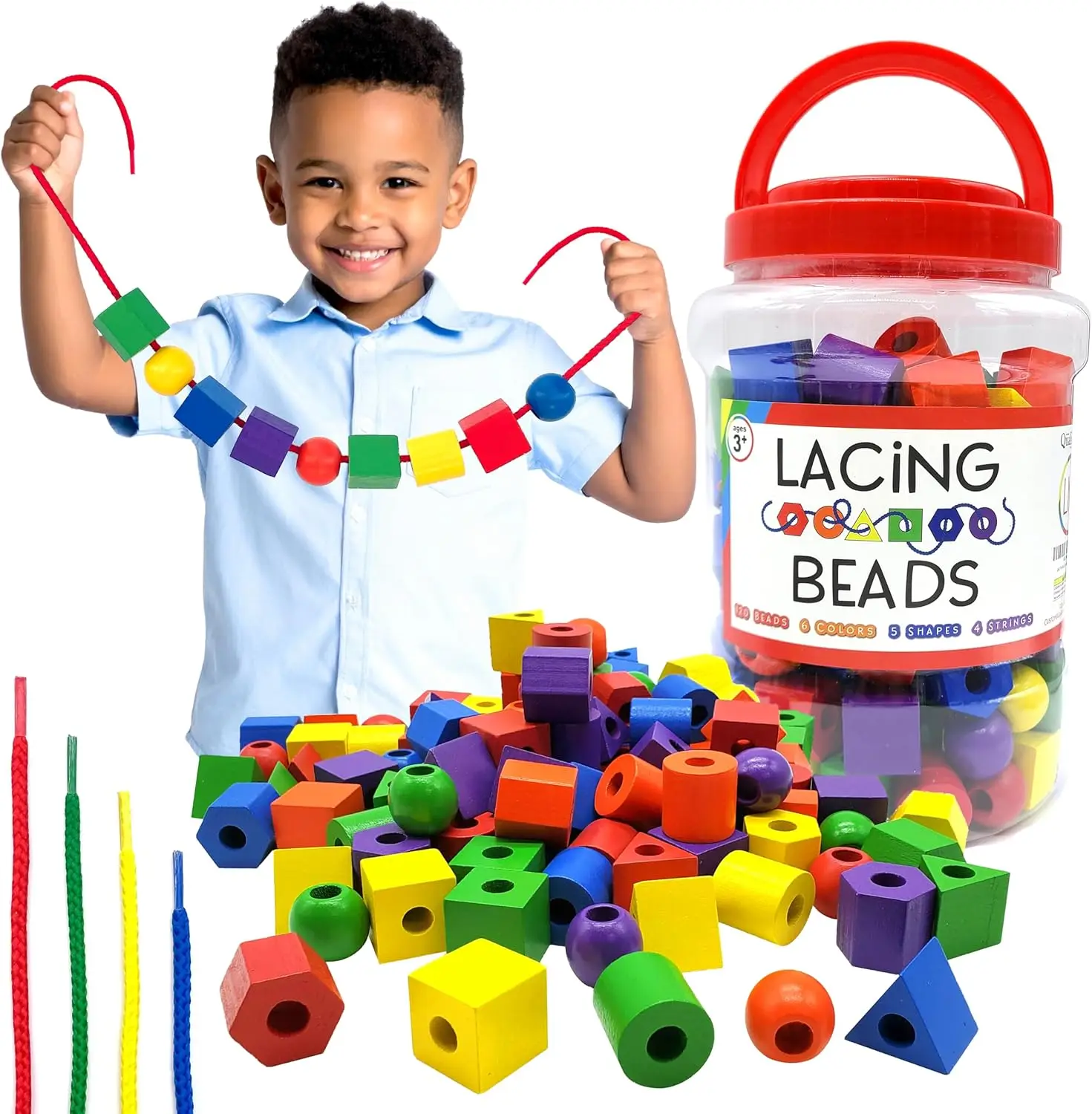 

125 деревянных бусин для шнуровки для малышей, игрушка для развития мелкой моторики с контейнером для хранения