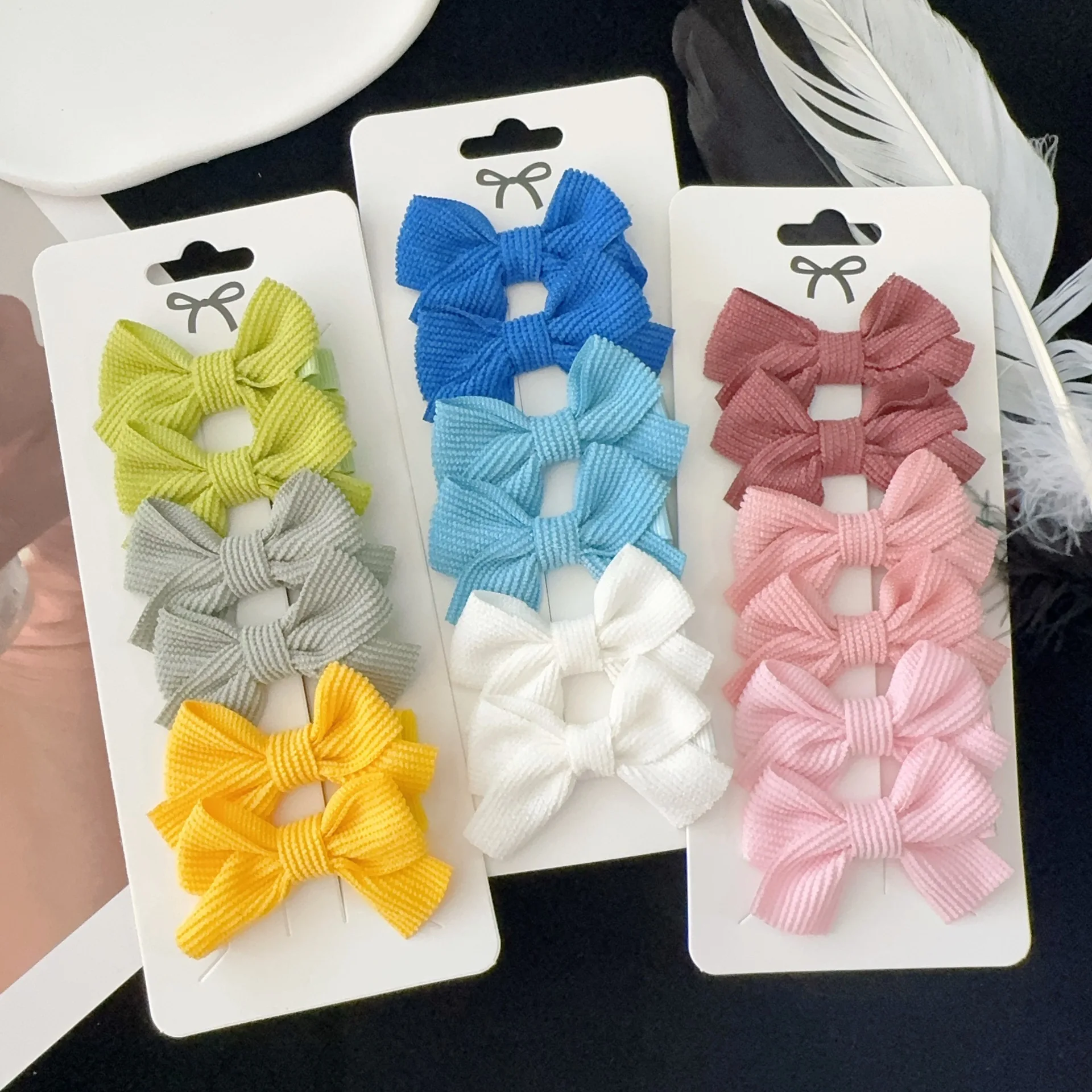 12 packs 6pcs/pack Sweet Party Fashion New Waffle Fabric Cotton Solid Color Cartoon Hair Bows Baby Hair Clips for Girls Infants