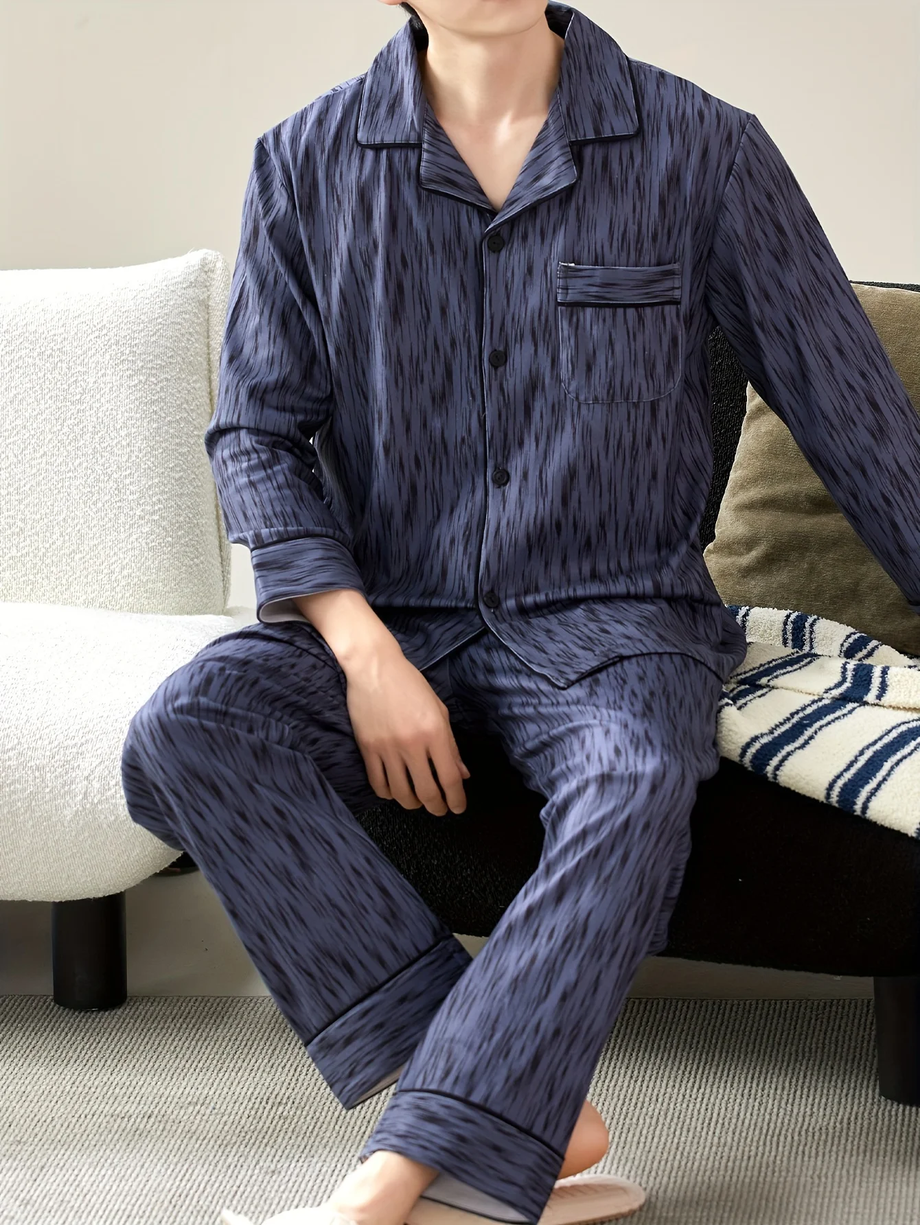 

Two piece sets men's pajamas autumn and winter long sleeved pants texture pattern sleepwear set
