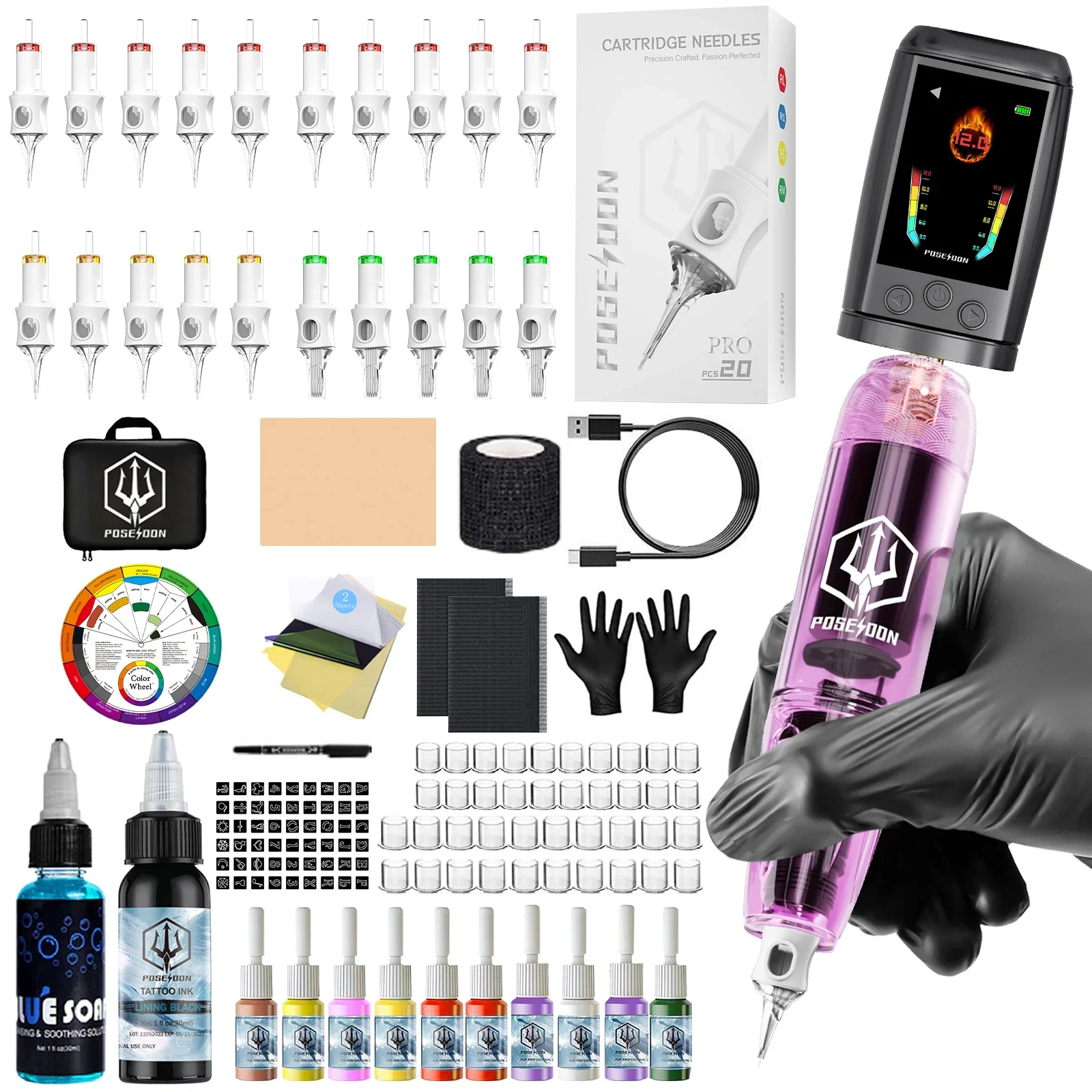 Tattoo Kit POSEIDON Wireless Tattoo Pen Kit Für Permanent Make-Up Tattoo Maschine Kit Farbe Bildschirm Tattoo Netzteil Tattoo Kit