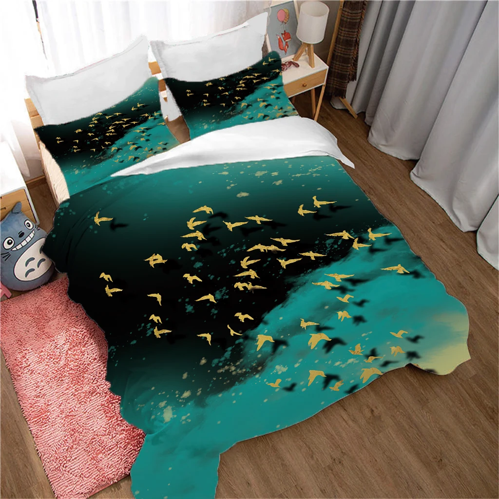 HUANZHUANG Soft Simple Gold Swallow Theme Comforter Cover And Matching Pillowcases Duvet Cover Set Bedding Polyester Qulit Cover