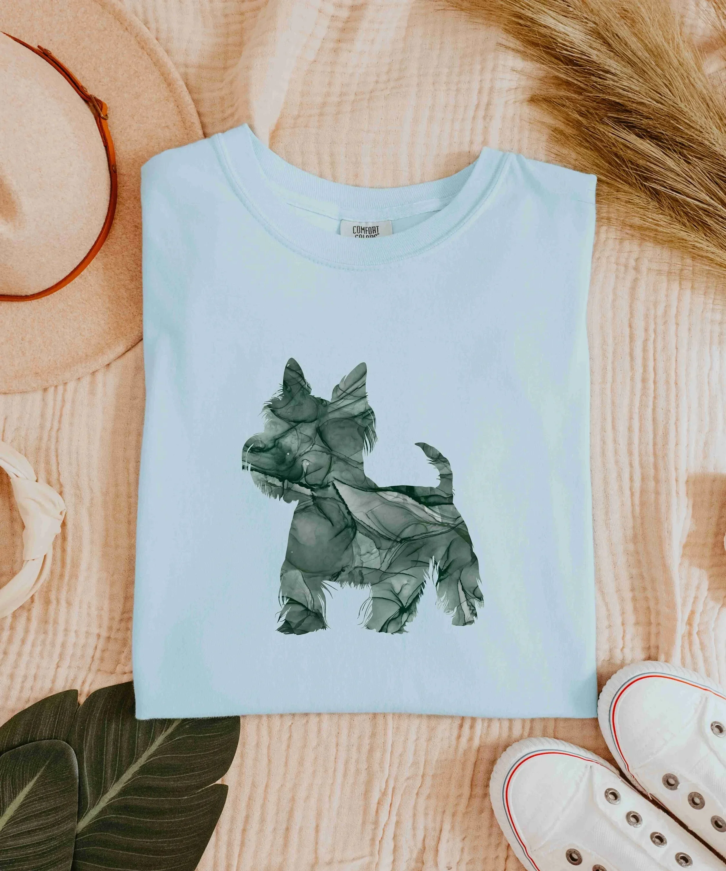 Dark Green Westie West Highland Terrier Silhouette Alcohol Ink Emerald Marble Multicolor Heavy Weight  T Shirt