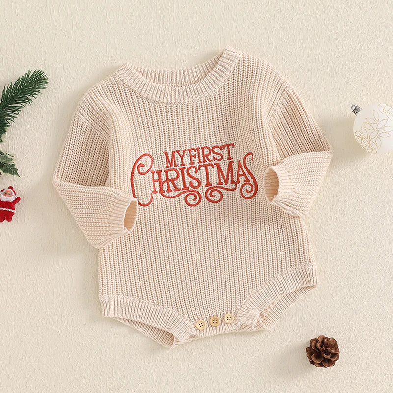 Newborn Baby Girl Boy Christmas Knit Long Sleeve Autumn Winter Sweater Romper, O-Neck Letter Embroidery Crotch Button Bodysuit