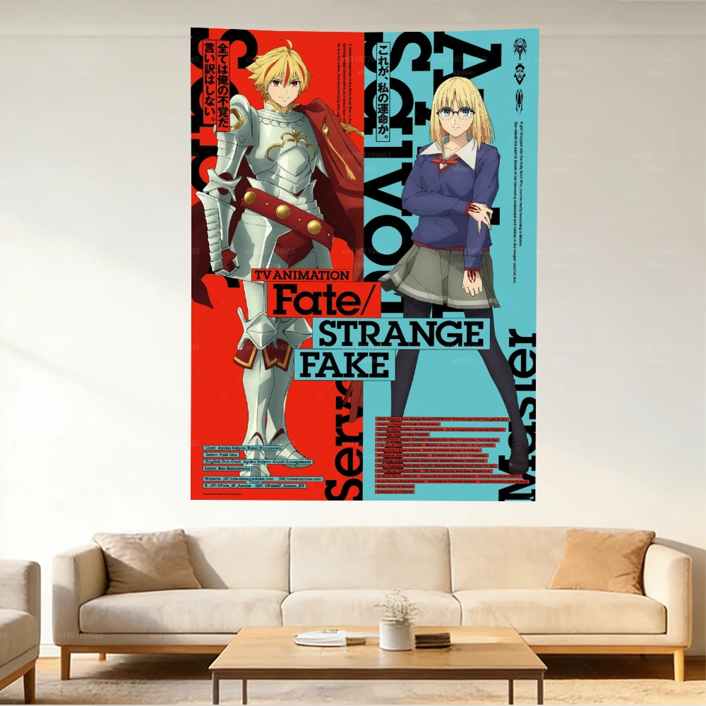 Fate/Strange Fake Tapestry, Anime Saber & Master Character Wall Hanging, Split-Tone Flat Print Poster for Bedroom Otaku Room