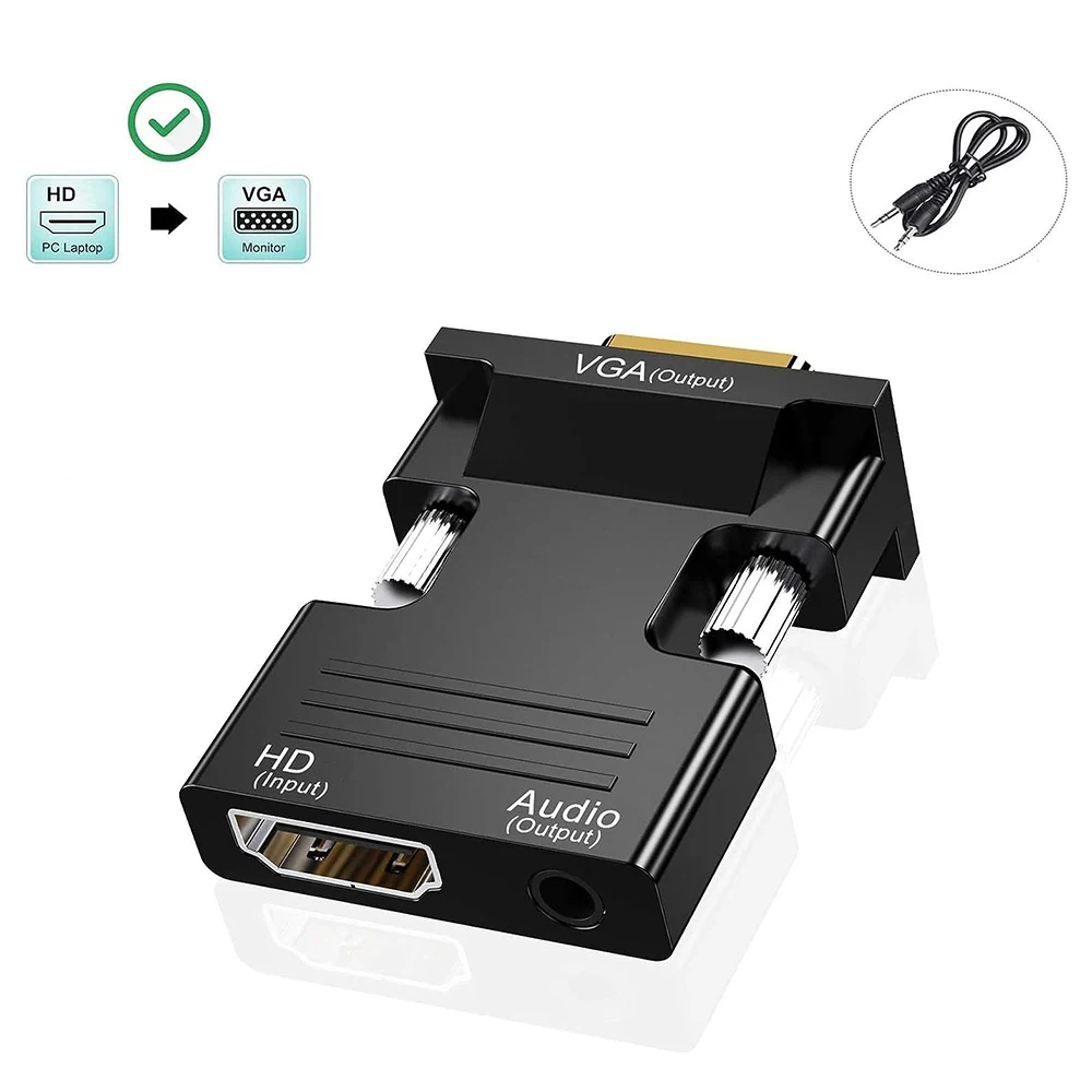 1080P HD to VGA Adapter  with 3.5mm Jack Audio Output Video Converter for Laptop PC Computer HDTV Set-top Box Monitor Projector