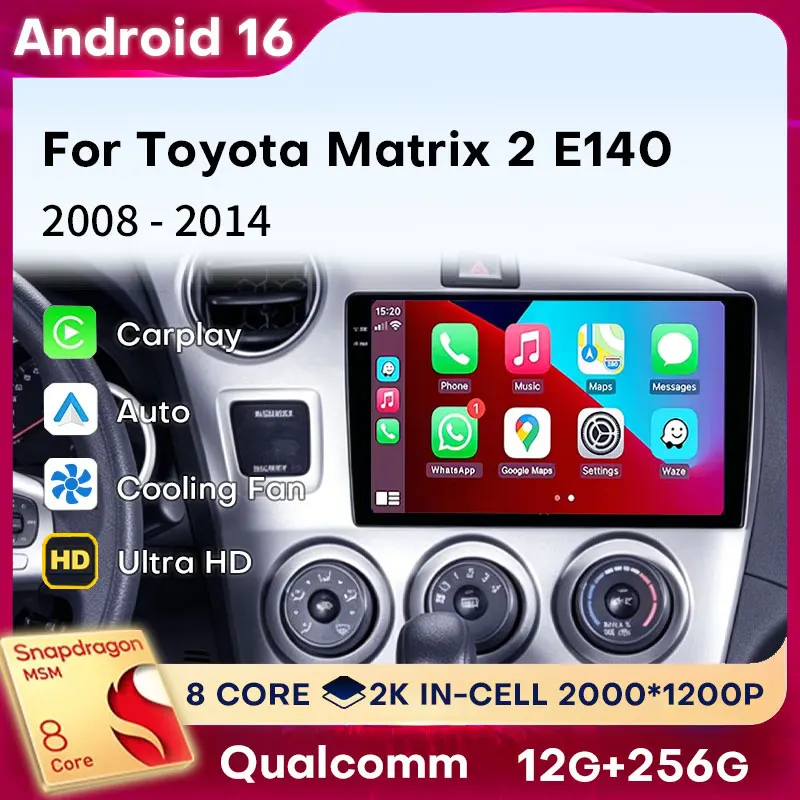 Radio para Auto Android 16 con Carplay Inalámbrico, Reproductor Multimedia, GPS, BT 4G para Toyota Matrix 2 E140 2008 2009 2010 2011 - 2014
