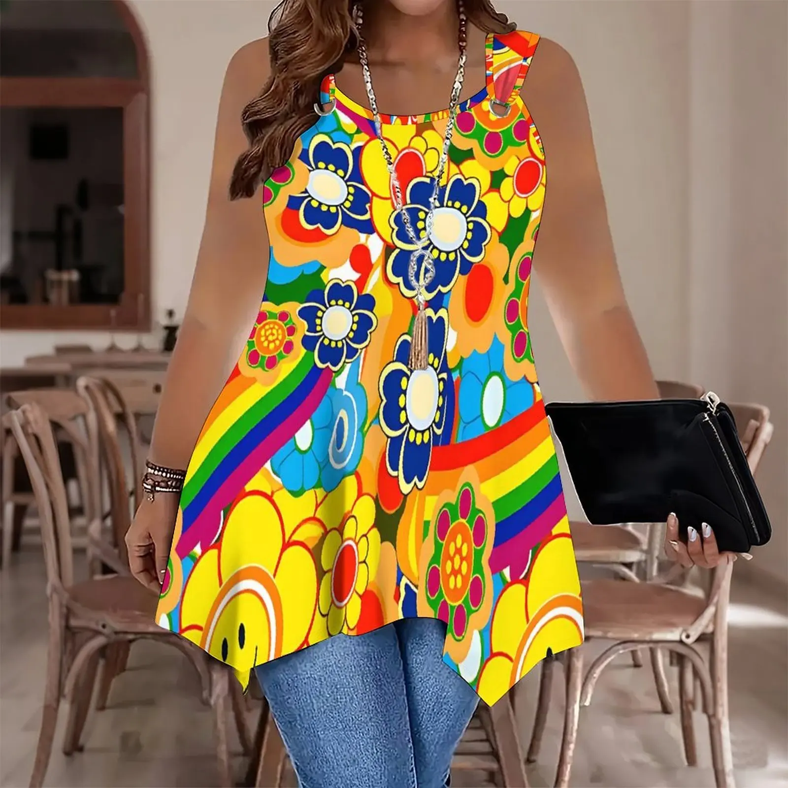 Women's Autumn/Winter Retro Print Round Neck Sleeveless Tank TopSlim and Casual Wear