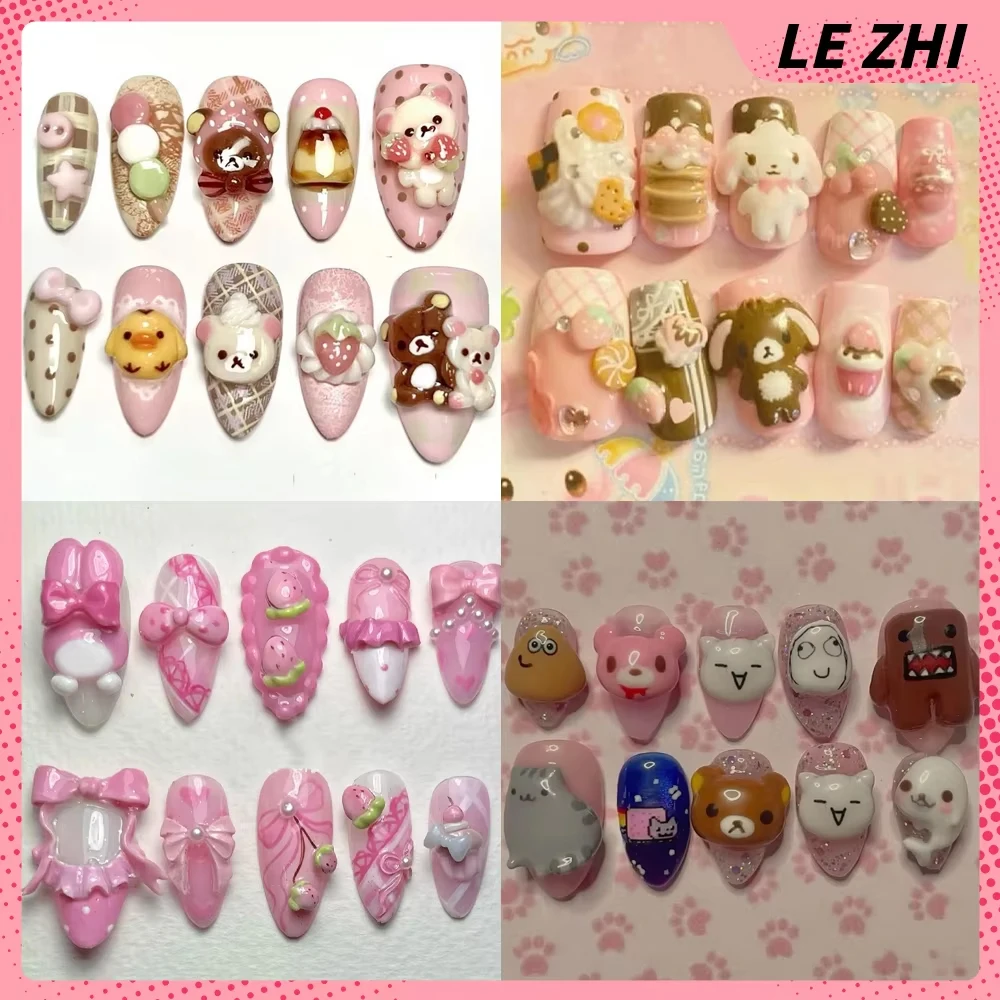 

Kawaii 3D Handmade Rilakkuma Nail Press On Nail Art Cute Short Japanese Anime Full Cover Nails Sticker Girls