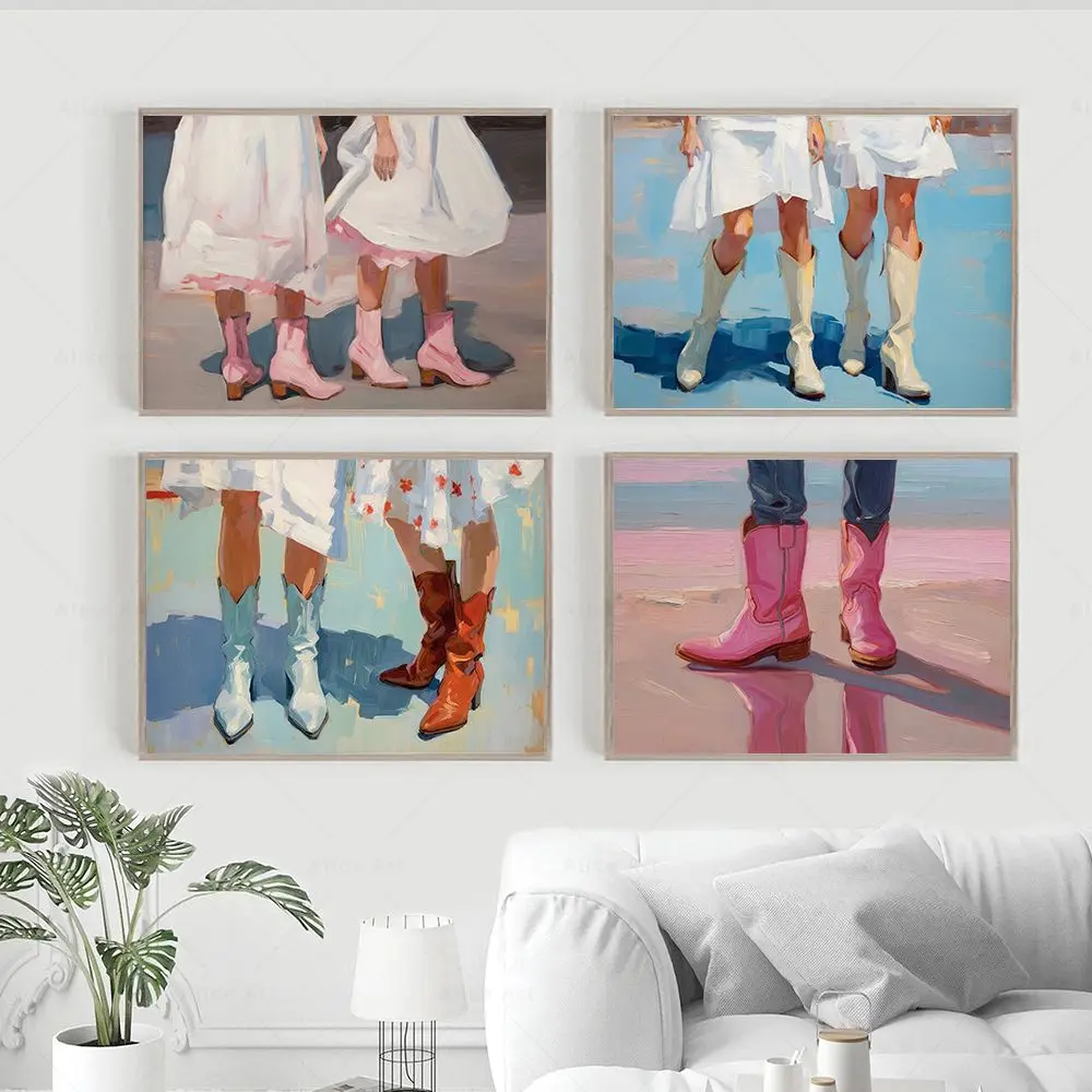 Retro Cowgirl Boot Print Preppy Girly Western Poster Fashion Apartment Wall Art Canvas Painting Aesthetic Trendy Girl Room Decor