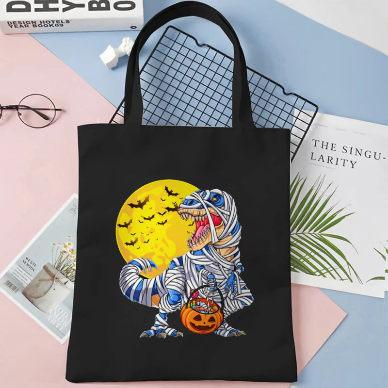 Canvas Tote Bags Cartoon Dinosaur and Pumpkin Women Shoulder Bag Fashion Spooky Halloween Graphic Shopping Bag Reusable Handbag image 3