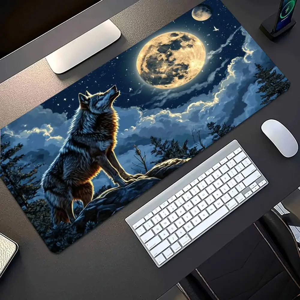 Howling Wolf Under Full Moon Large Desk Mouse Pad Non Slip Rubber Keyboard Mat Desktop Decor For Office Laptop Gaming Setup