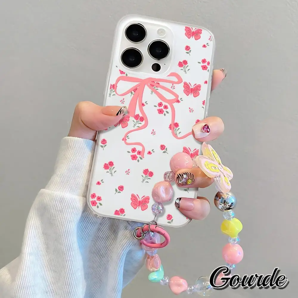 

Gourde INS Korean Girl Cherry Flower Butterfly Tulip Lanyard Phone Case for Iphone 17 16 15 14 12 13 11 Pro Max 7 8P XR Xs Max